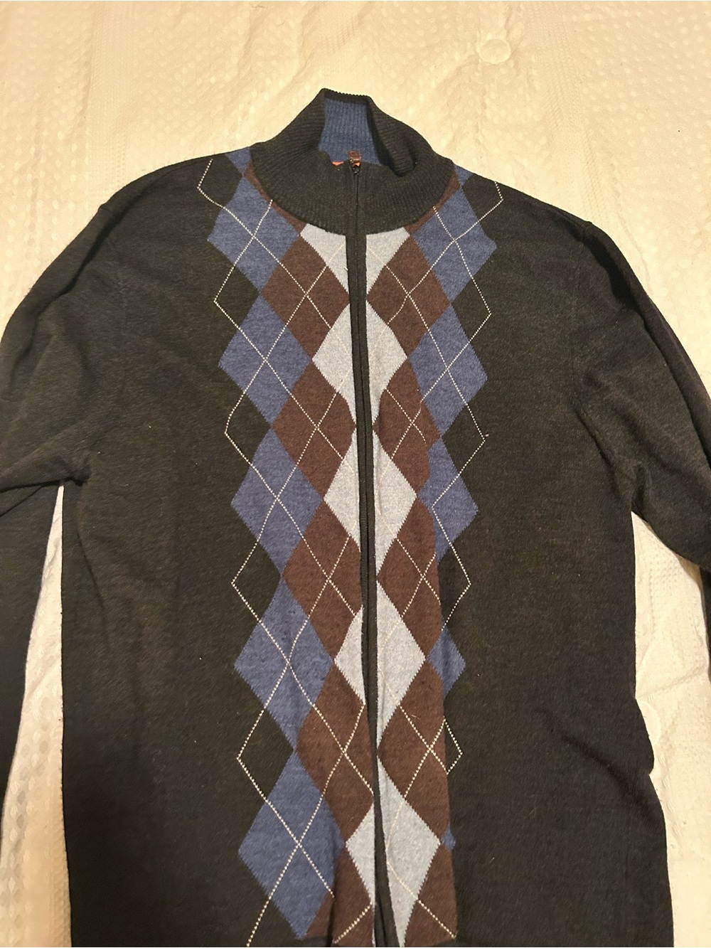 Men's Charcoal Zip-Front Argyle Sweater - Blue & Brown